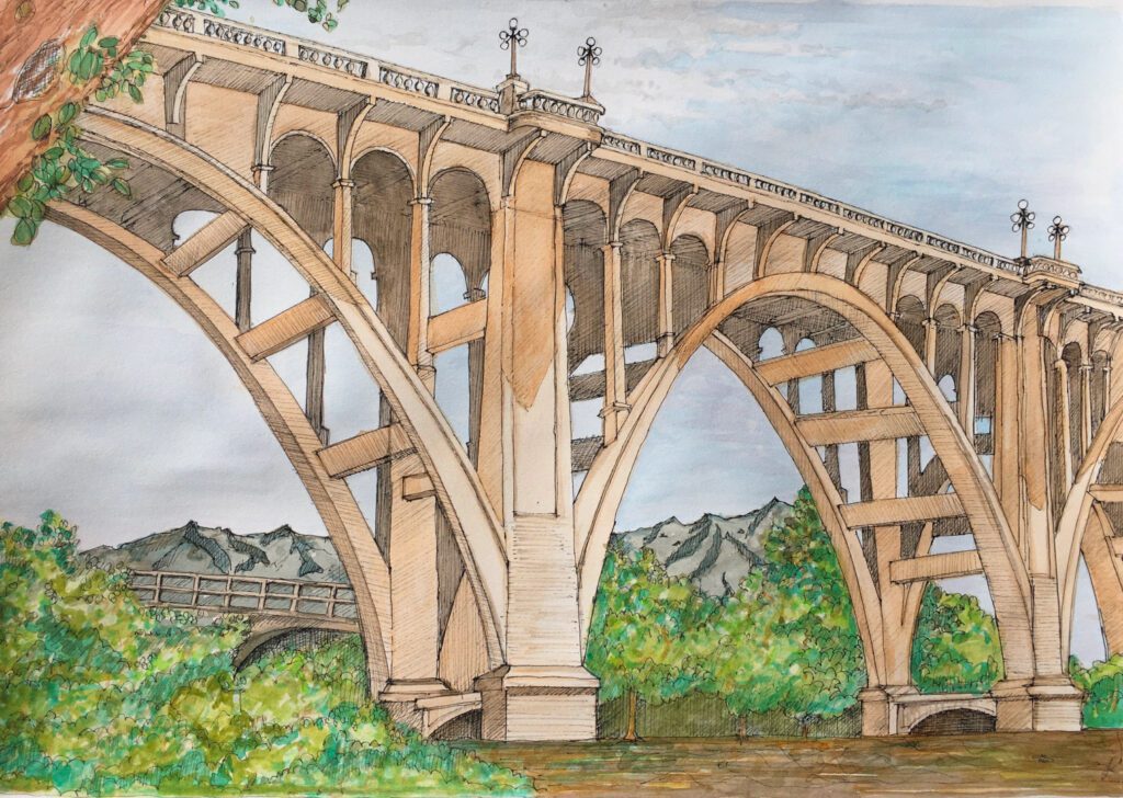 a watercolor painting of a bridge