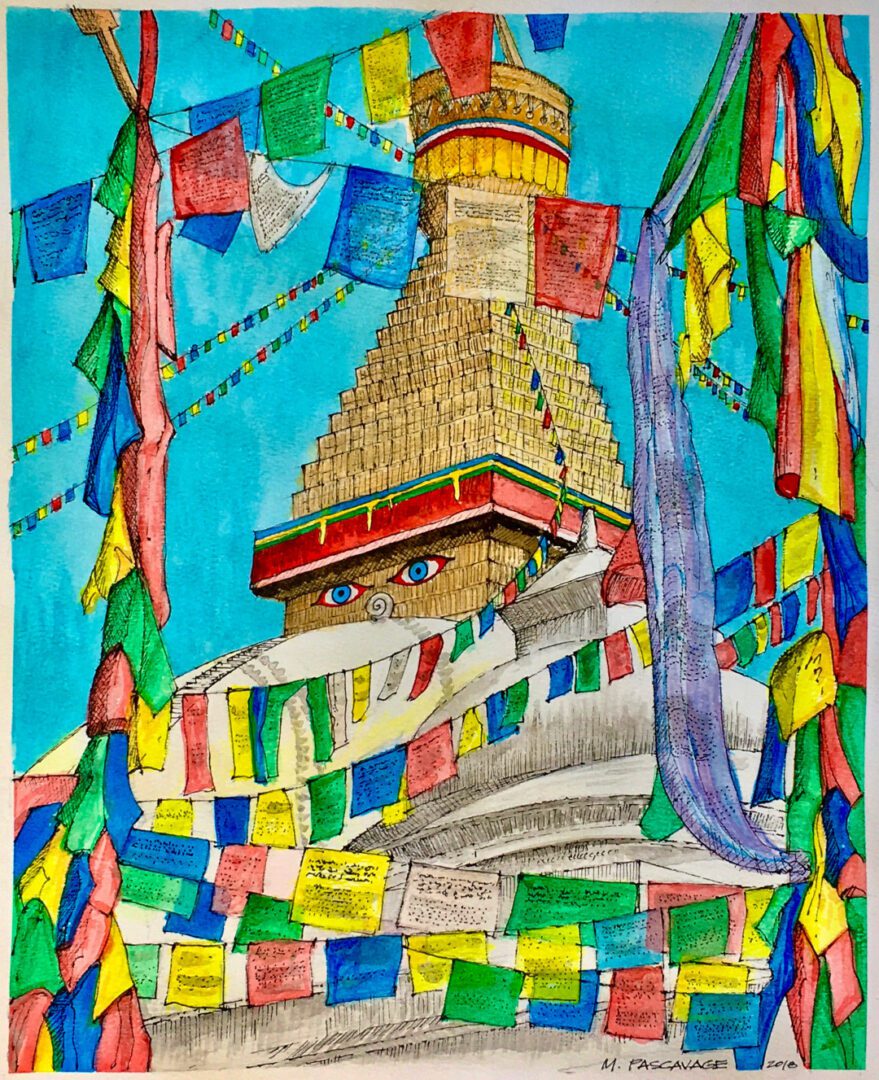 a painting of a building with colorful flags