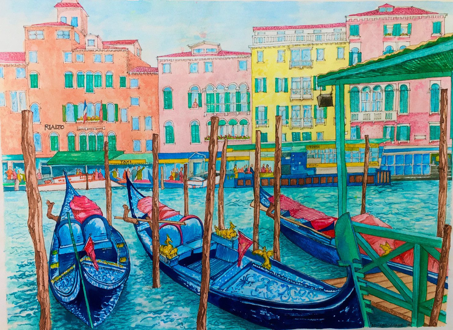 a painting of a port with colorful boats