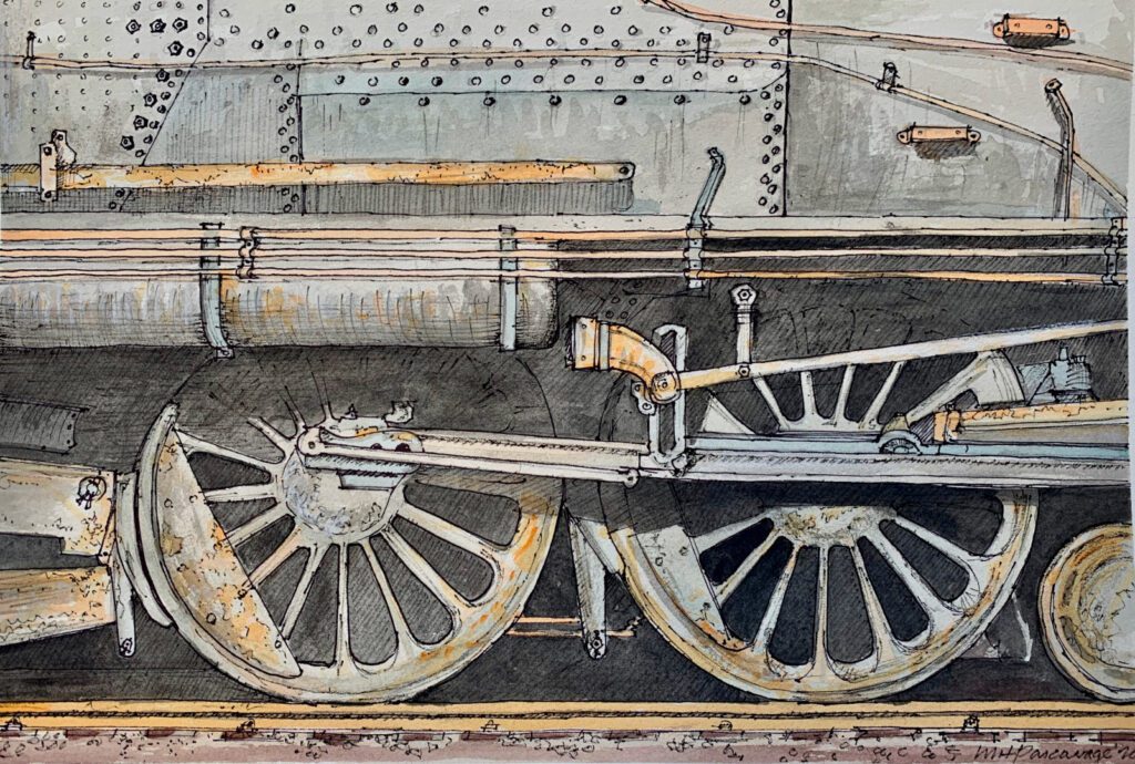 a painting of a train’s wheels