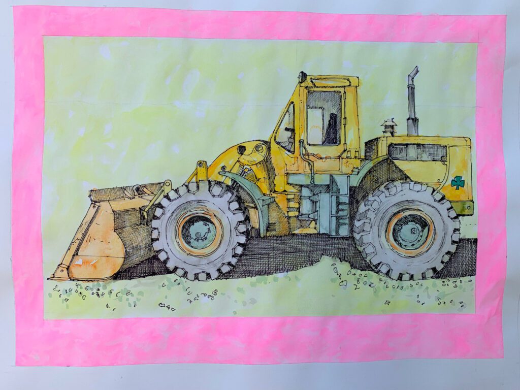 a watercolor painting of a front loader